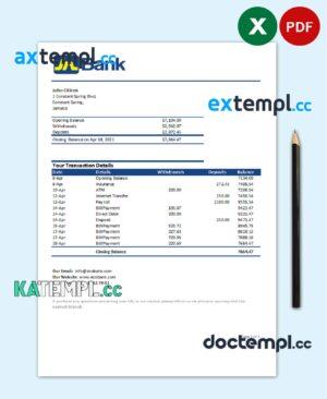 sample Jamaica National Bank statement easy to fill template in .xls and .pdf file format download