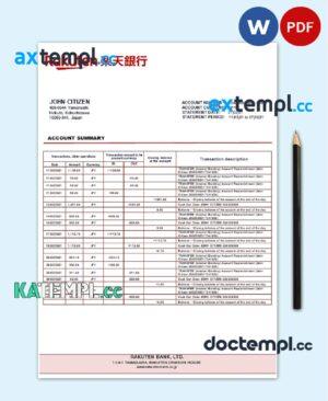 sample Japan Rakuten bank statement template in Word and PDF format download