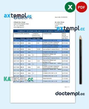 sample Kenya Citibank bank statement easy to fill template in .xls and .pdf file format download