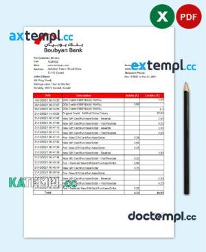 sample Kuwait Boubyan bank statement easy to fill template in .xls and .pdf file format download