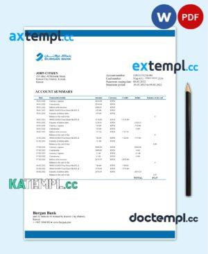 sample Kuwait Burgan bank statement template in Word and PDF format, fully editable download