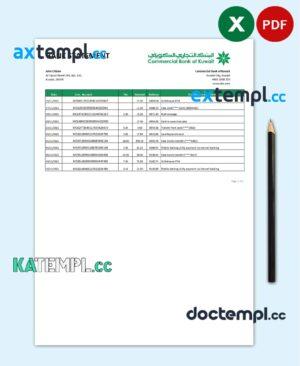 sample Kuwait Commercial Bank statement easy to fill template in .xls and .pdf file format download