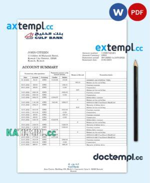 sample Kuwait Gulf bank statement template in Word and PDF format, fully editable download