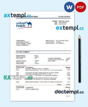 sample Kuwait National Bank of Kuwait (NBK) proof of address bank statement template in Word and PDF format (.doc and .pdf) download