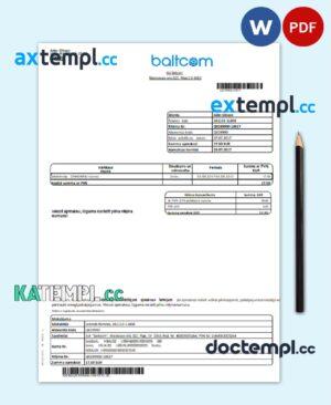 sample Latvia Baltcom telecommunications utility bill template in Word and PDF format (Latvian version) download