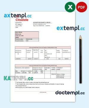 sample Latvia Citadele bank statement template in Excel and PDF format download