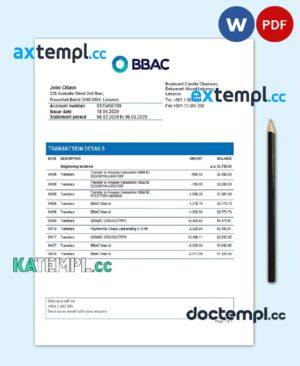 sample Lebanon BBAC Bank proof of address statement template in Word and PDF format download
