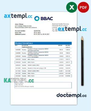 sample Lebanon BBAC Bank statement easy to fill template in .xls and .pdf file format download
