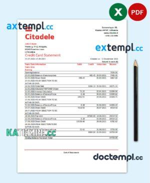 sample Lithuania (Litva) Citadele bank credit card statement easy to fill template in Excel and PDF format download