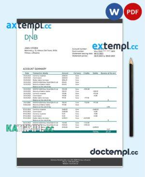 sample Lithuania (Litva) DNB bank statement template in Word and PDF format download