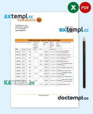 sample Lithuania Swedbank bank statement easy to fill template in .xls and .pdf file format download