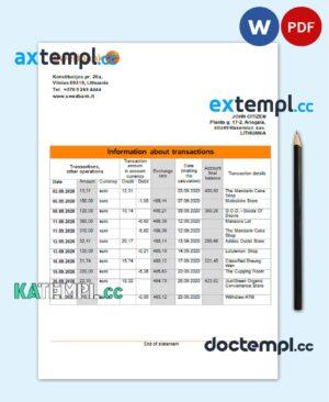sample Lithuania Swedbank statement template in Word and PDF format download