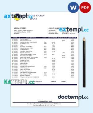 sample Mongolia Chinggis Khaan bank statement template in Word and PDF format download