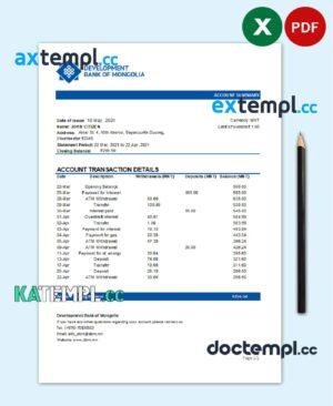 sample Mongolia Development Bank of Mongolia bank statement easy to fill template in .xls and .pdf file format download