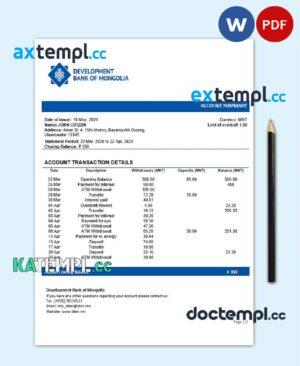 sample Mongolia Development Bank of Mongolia bank statement template in Word and PDF format download