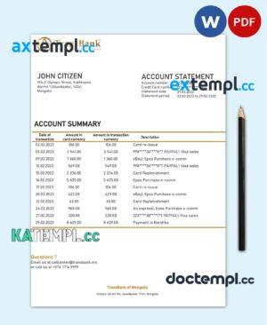 sample Mongolia Transbank bank statement template in Word and PDF format download
