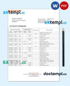 sample Montenegro Hipotekarna Bank statement template, Word and PDF format (.doc and .pdf) download