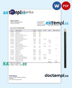 sample Montenegro NLB Bank statement template, Word and PDF format (.doc and .pdf) download