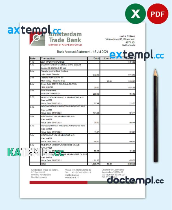 sample Netherlands Amsterdam Trade Bank statement template in Excel and PDF format download