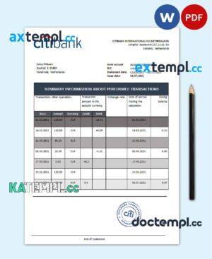 sample Netherlands Citibank bank statement template in .doc and .pdf file format download