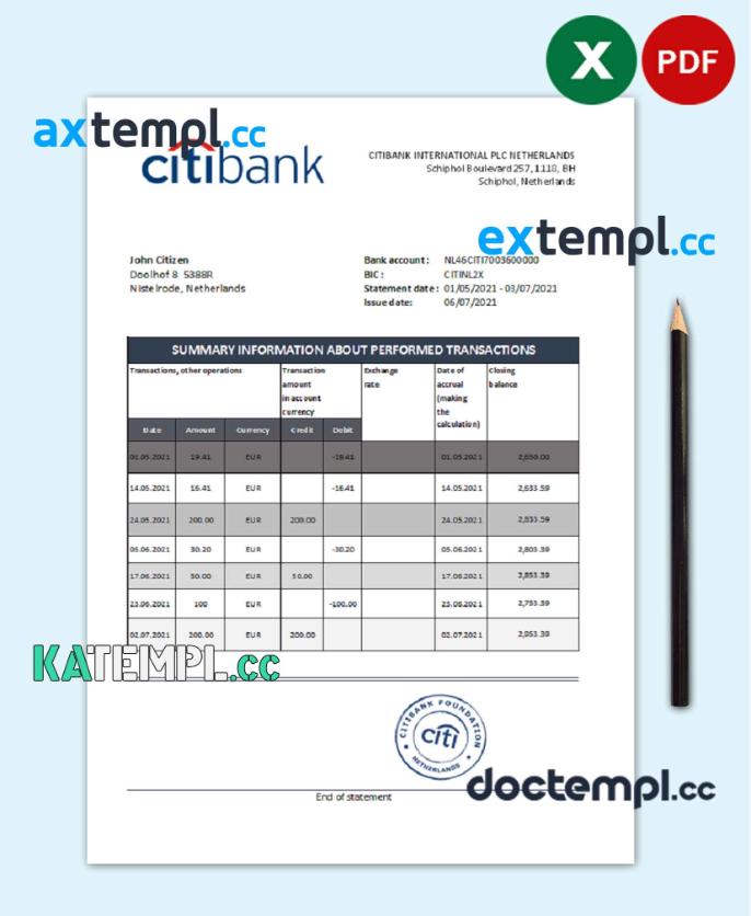 sample Netherlands Citibank bank statement template in .xls and .pdf file format download