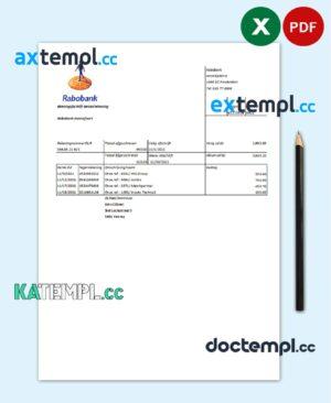 sample Netherlands Rabobank bank statement easy to fill template in .xls and .pdf file format download