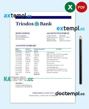 sample Netherlands Triodos Bank statement easy to fill template in Excel and PDF format download