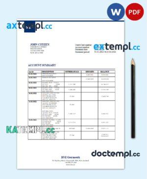 sample New Zealand BNZ Greymouth bank statement template in Word and PDF format download