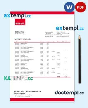 sample Norway BN bank statement template in Word and PDF format download