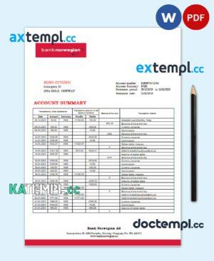 sample Norway Bank Norwegian AS bank statement easy to fill template in Word and PDF format download