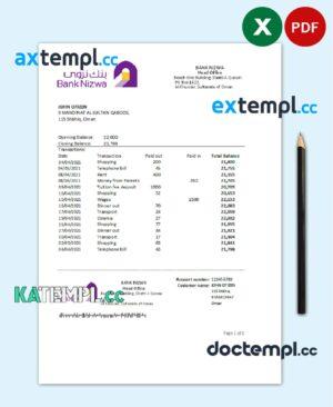 sample Oman Bank Nizwa bank statement easy to fill template in Excel and PDF format download