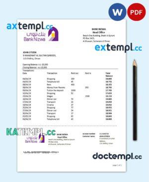sample Oman Bank Nizwa proof of address bank statement template in Word and PDF format download