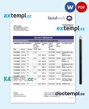 sample Pakistan Faysal bank statement template in Word and PDF format download