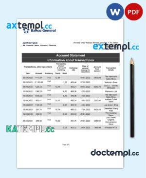 sample Panama Banco General bank statement template in Word and PDF format download