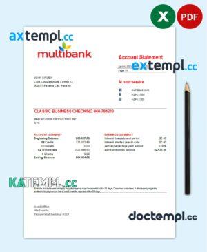sample Panama Multibank bank statement easy to fill template in .xls and .pdf file format download