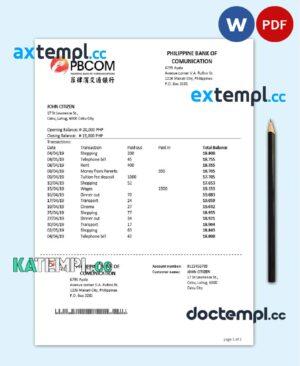 sample Philippines Bank of Communications proof of address bank statement template in Word and PDF format download