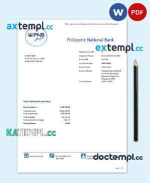 sample Philippines National Bank (PNB) proof of address bank statement template in Word and PDF format download