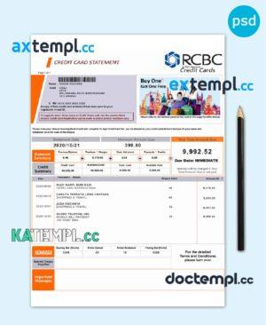 sample Philippines Rizal Commercial Banking Corporation (RCBC) credit card statement template in PSD format download