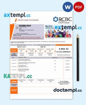 sample Philippines Rizal Commercial Banking Corporation (RCBC) credit card statement template in Word and PDF format download