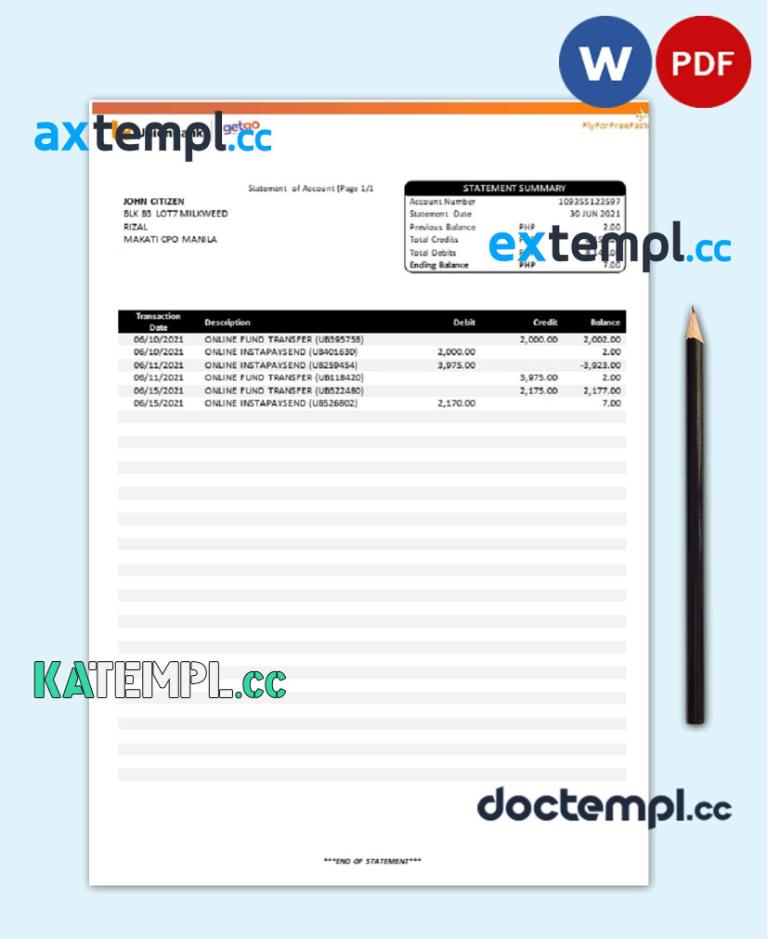 sample Philippines Unionbank bank statement template in Word and PDF format download