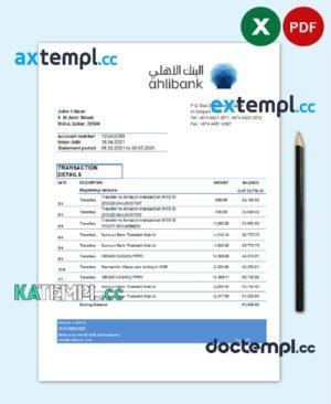 sample Qatar Ahlibank statement easy to fill template in Excel and PDF format download
