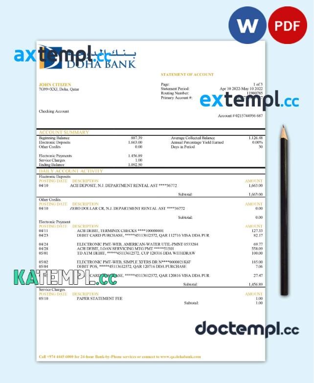 sample Qatar Doha Bank statement template in Word and PDF format download
