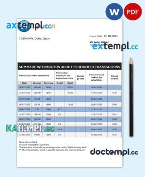 sample Qatar Qatar Islamic Bank statement template in Word and PDF format download