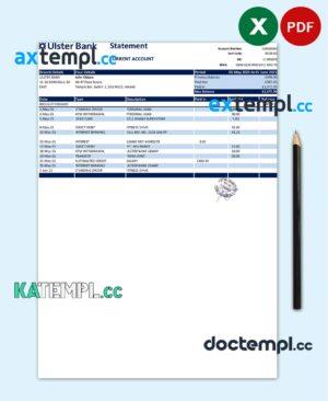 sample Republic of Ireland Ulster Bank statement easy to fill template in Excel and PDF format download
