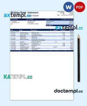 sample Republic of Ireland Ulster Bank statement template in Word and PDF format, good for address prove download