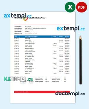 sample Romania Banca Transilvania bank statement easy to fill template in .xls and .pdf file format download