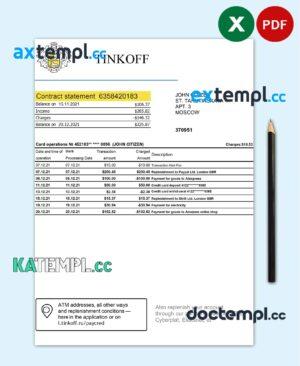 sample Russia Tinkoff bank proof of address statement (English version) template in Excel and PDF format download