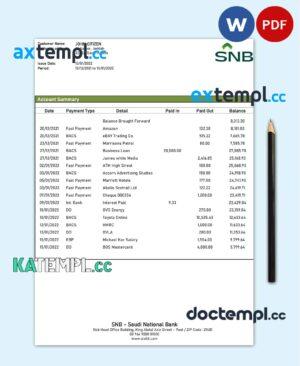 sample Saudi Arabia SNB bank statement template in Word and PDF format download