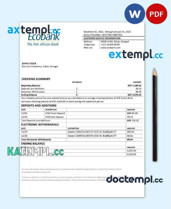sample Senegal Ecobank bank statement template in Word and PDF format download
