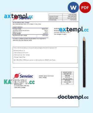 sample Senegal Senelec Agence Sacré Coeur Company electricity utility bill template in Word and PDF format download